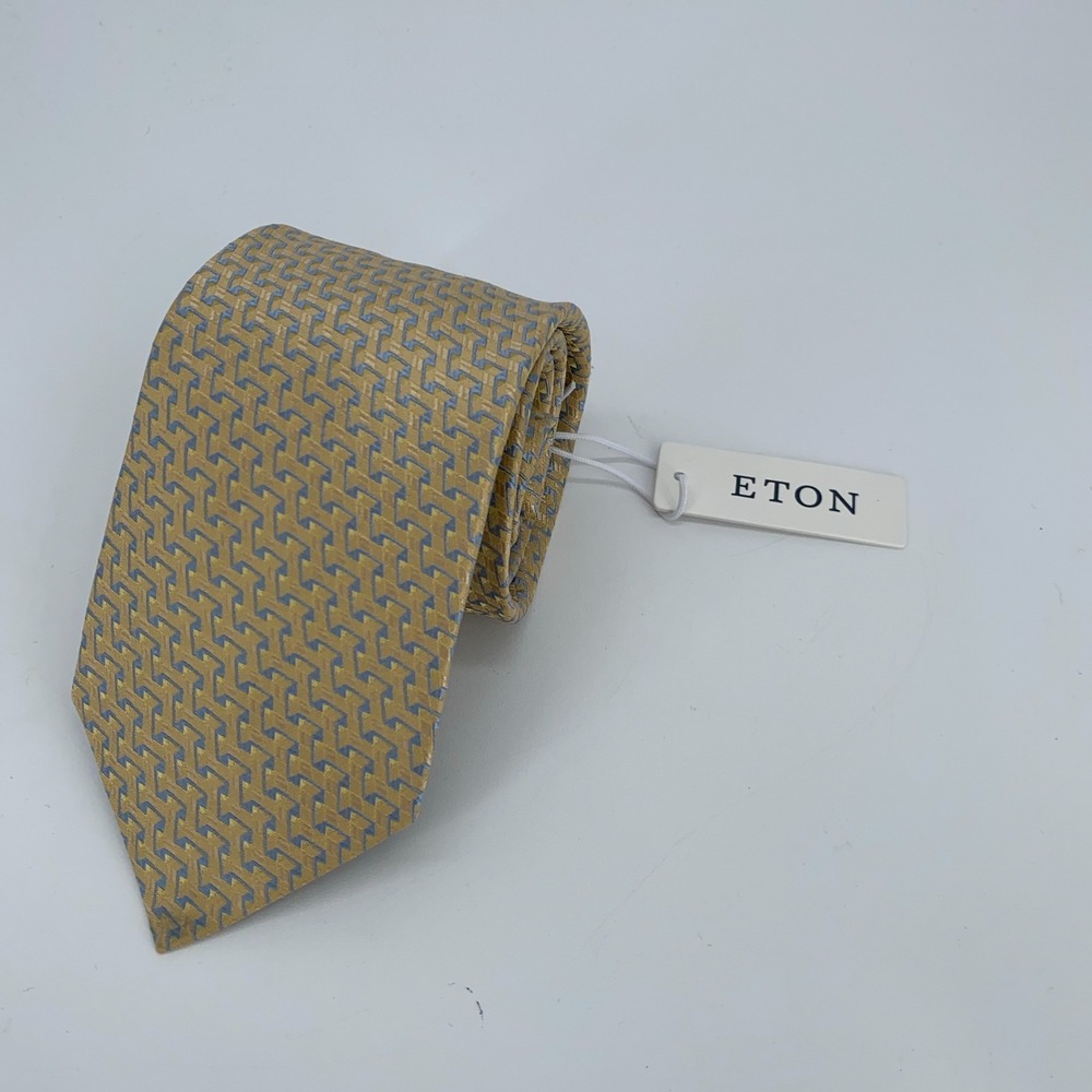 Eton Tie Mens Yellow Blue Geometric Patterned Silk Classic Necktie Italy NWT